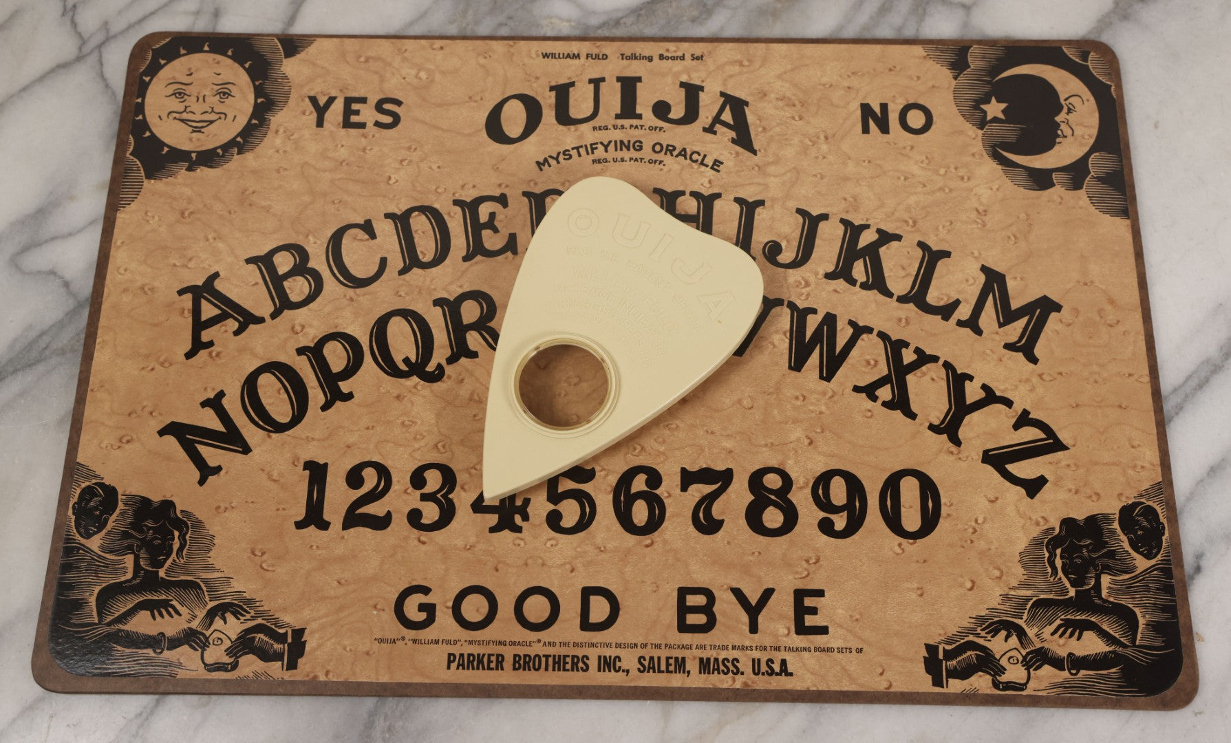 Lot 005 - Vintage William Fuld Talking Board Set, "Ouija" Board, Mystifying Oracle With Original Box And Planchette, Manufactured By Parker Brothers, Salem, Massachusetts, Circa Late 1960s/1970s