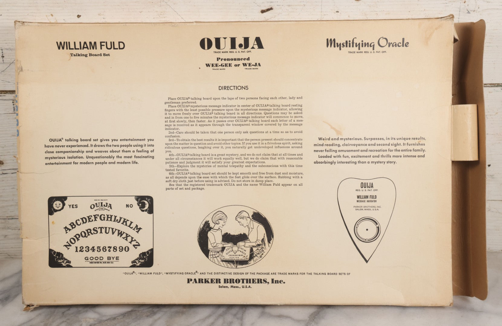 Lot 005 - Vintage William Fuld Talking Board Set, "Ouija" Board, Mystifying Oracle With Original Box And Planchette, Manufactured By Parker Brothers, Salem, Massachusetts, Circa Late 1960s/1970s