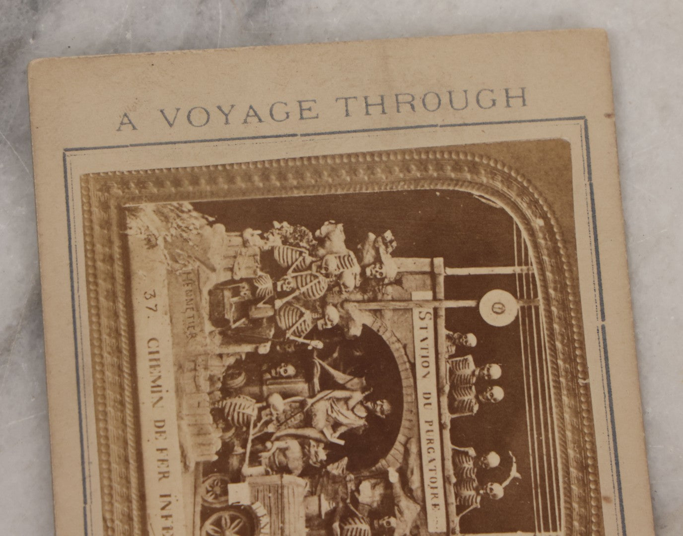Lot 016 - Antique Stereoview Stereo Optic 3D Diablerie Photo Card, "Chemin De Fer Infernal” (Infernal Railway, Railway To Hell), Skeletons And Devils At Purgatory Train Station, "A Voyage Through The Lower Regions"