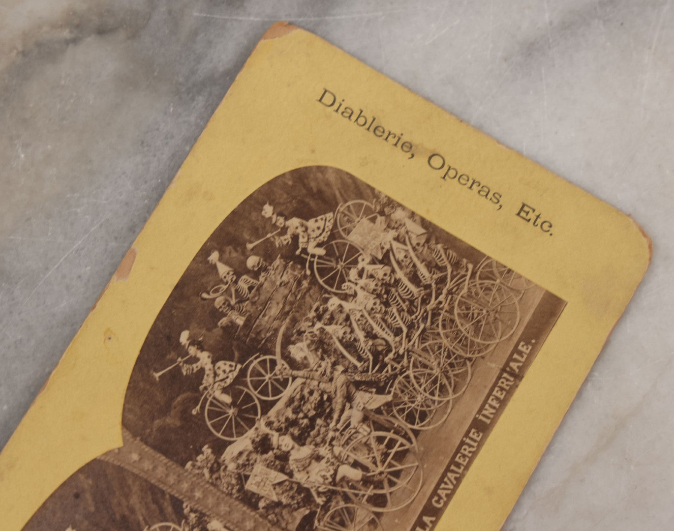 Lot 017 - Antique Stereoview Stereo Optic 3D Diablerie Photo Card, “La Cavalerie Infernale” (Infernal Cavalry, Hell's Cavalry), Skeletons And Devils On Bicycles, "New Series"