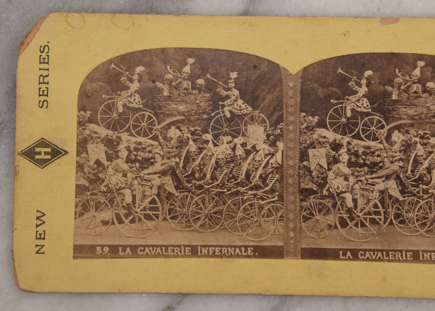 Lot 017 - Antique Stereoview Stereo Optic 3D Diablerie Photo Card, “La Cavalerie Infernale” (Infernal Cavalry, Hell's Cavalry), Skeletons And Devils On Bicycles, "New Series"