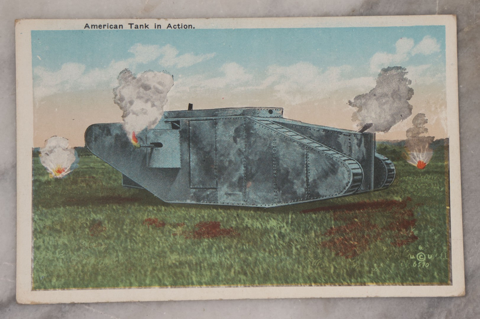 Lot 082 - Grouping Of Five Antique World War One Era Postcards Documenting The War Including Comic Illustration, Uncle Sam Placing Kaiser In Garbage, Soldier Shaving, Tank In Action, Motorcycle Ambulance, And Rifle Practice