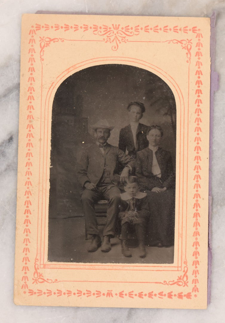 Lot 089 - Pair Of Antique Tintype Photographs, Two Identical Photographs Of Family With Young Boy In Paper Arch Cut Frame 