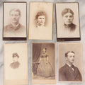 Lot 109 - Grouping Of Six Carte De Visite C.D.V. Portrait Photographs Of Men And Women, Including Man In Suit With Bowtie, Woman In Full Length Dress With Large Skirt, And Man In Officers Uniform With Slouchy Cap