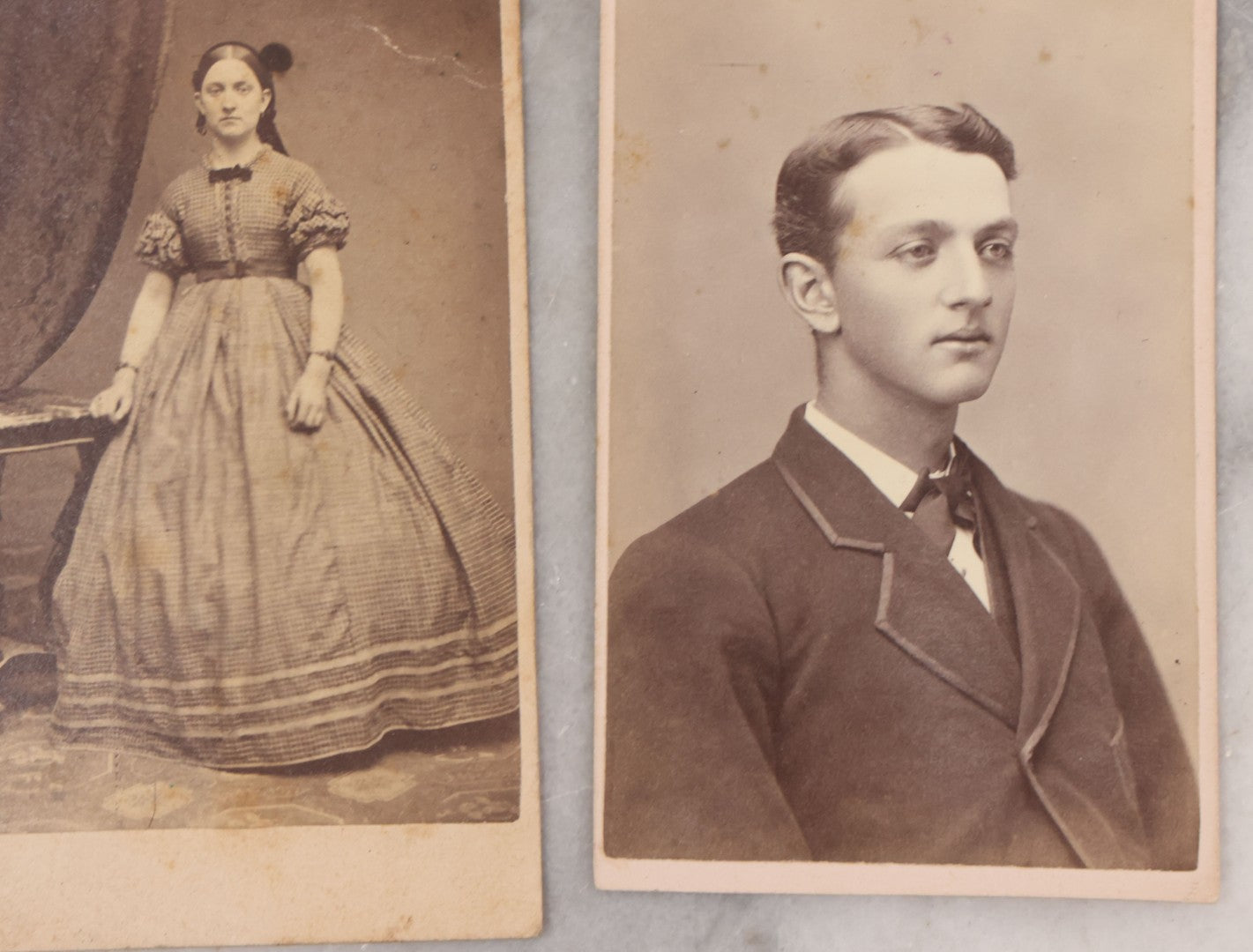Lot 109 - Grouping Of Six Carte De Visite C.D.V. Portrait Photographs Of Men And Women, Including Man In Suit With Bowtie, Woman In Full Length Dress With Large Skirt, And Man In Officers Uniform With Slouchy Cap