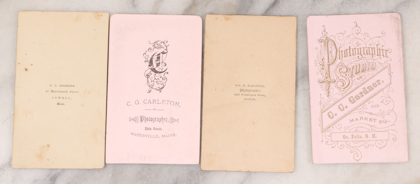 Lot 109 - Grouping Of Six Carte De Visite C.D.V. Portrait Photographs Of Men And Women, Including Man In Suit With Bowtie, Woman In Full Length Dress With Large Skirt, And Man In Officers Uniform With Slouchy Cap
