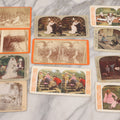 Lot 114 - Grouping Of 11 Stereoview Stereo Optic 3D Cards, Some In Color, Including Kissing, A Bride, Children With Their Pets, Wildlife, And Real Photo Stereocard Of Men Working With Lumber
