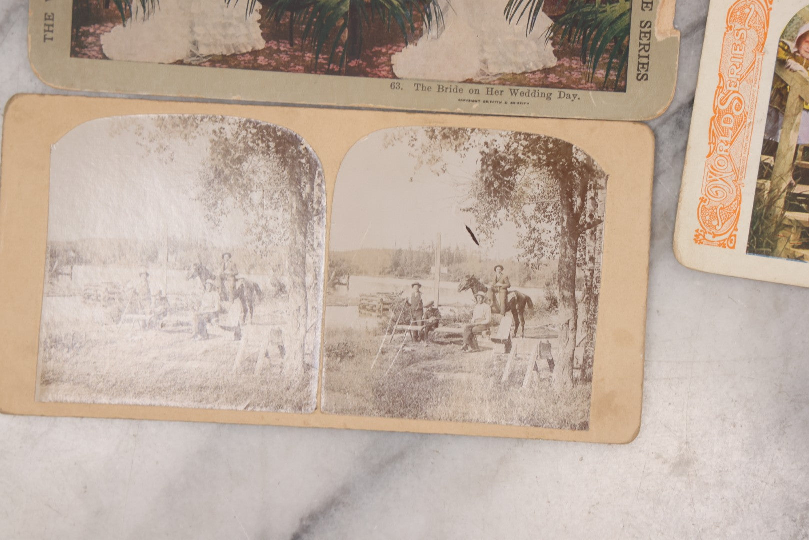 Lot 114 - Grouping Of 11 Stereoview Stereo Optic 3D Cards, Some In Color, Including Kissing, A Bride, Children With Their Pets, Wildlife, And Real Photo Stereocard Of Men Working With Lumber