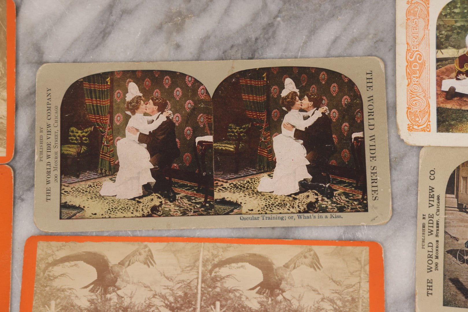 Lot 114 - Grouping Of 11 Stereoview Stereo Optic 3D Cards, Some In Color, Including Kissing, A Bride, Children With Their Pets, Wildlife, And Real Photo Stereocard Of Men Working With Lumber