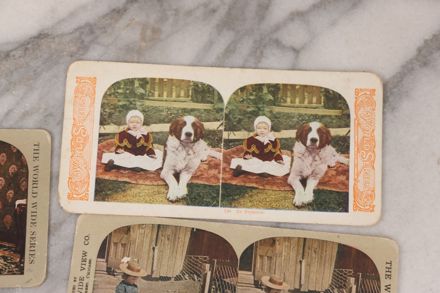 Lot 114 - Grouping Of 11 Stereoview Stereo Optic 3D Cards, Some In Color, Including Kissing, A Bride, Children With Their Pets, Wildlife, And Real Photo Stereocard Of Men Working With Lumber