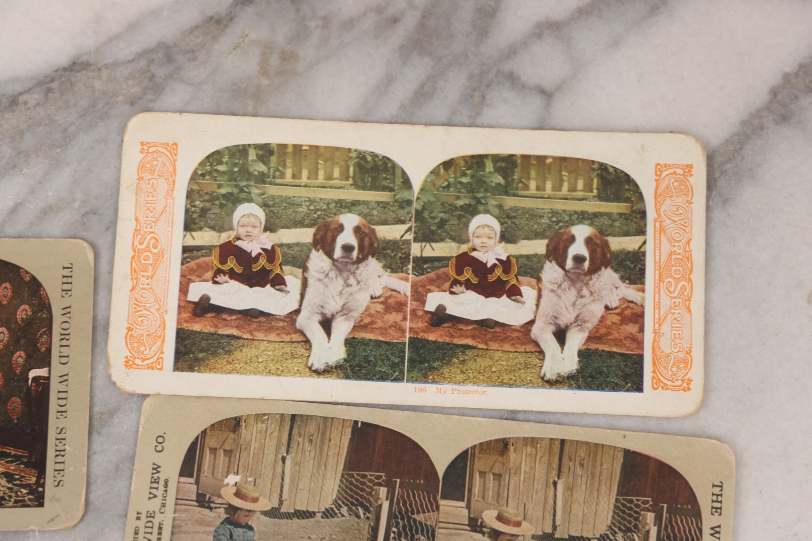 Lot 114 - Grouping Of 11 Stereoview Stereo Optic 3D Cards, Some In Color, Including Kissing, A Bride, Children With Their Pets, Wildlife, And Real Photo Stereocard Of Men Working With Lumber