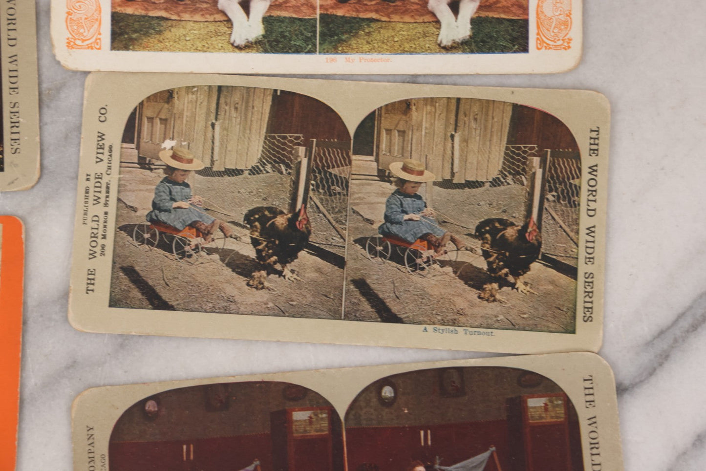 Lot 114 - Grouping Of 11 Stereoview Stereo Optic 3D Cards, Some In Color, Including Kissing, A Bride, Children With Their Pets, Wildlife, And Real Photo Stereocard Of Men Working With Lumber