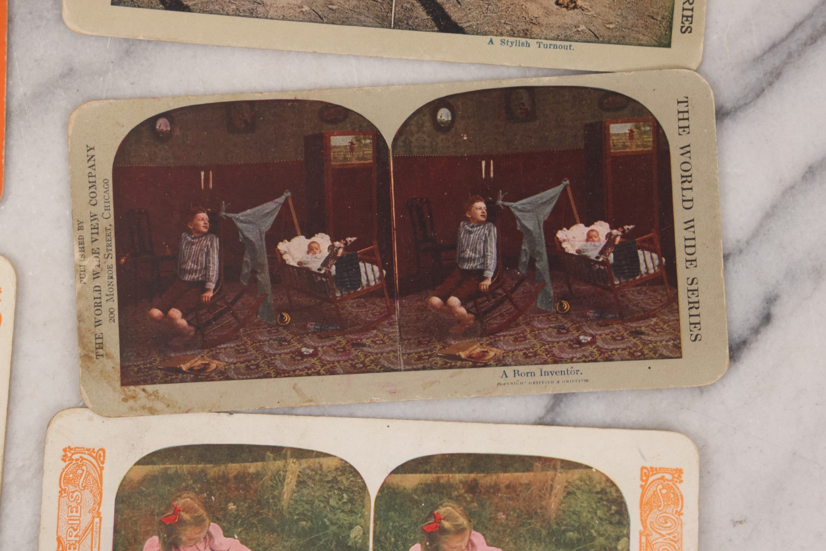 Lot 114 - Grouping Of 11 Stereoview Stereo Optic 3D Cards, Some In Color, Including Kissing, A Bride, Children With Their Pets, Wildlife, And Real Photo Stereocard Of Men Working With Lumber