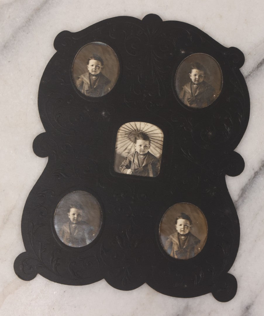 Lot 115 - Antique Ephemera Grouping, Including Paper Frame With 5 Mini Photos Of Young Child From Different Angles And With Parasol, Civil War Centennial Illustrated Postcard, And Real Photo Postcard R.P.P.C. Of Men In Suits Posing On Cow In Paper Folder