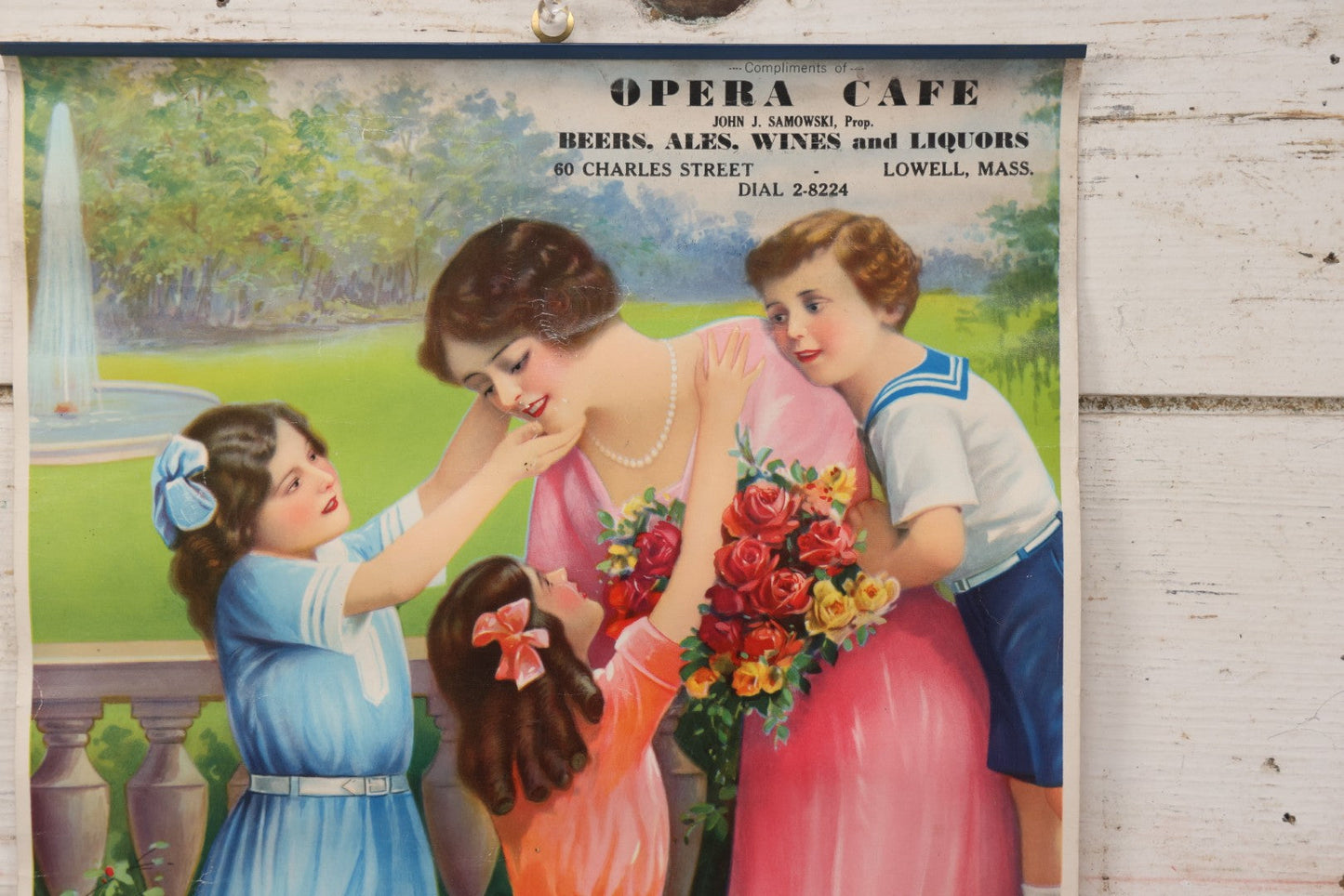 Lot 117 - Vintage Chromolithograph Advertising Poster, Compliments Of Opera Cafe, John J. Samowski, Proprietor, Beers, Ales, Wines, And Liquors, Lowell, Massachusetts, With Scene Of Mother And Three Children, Rolled Up