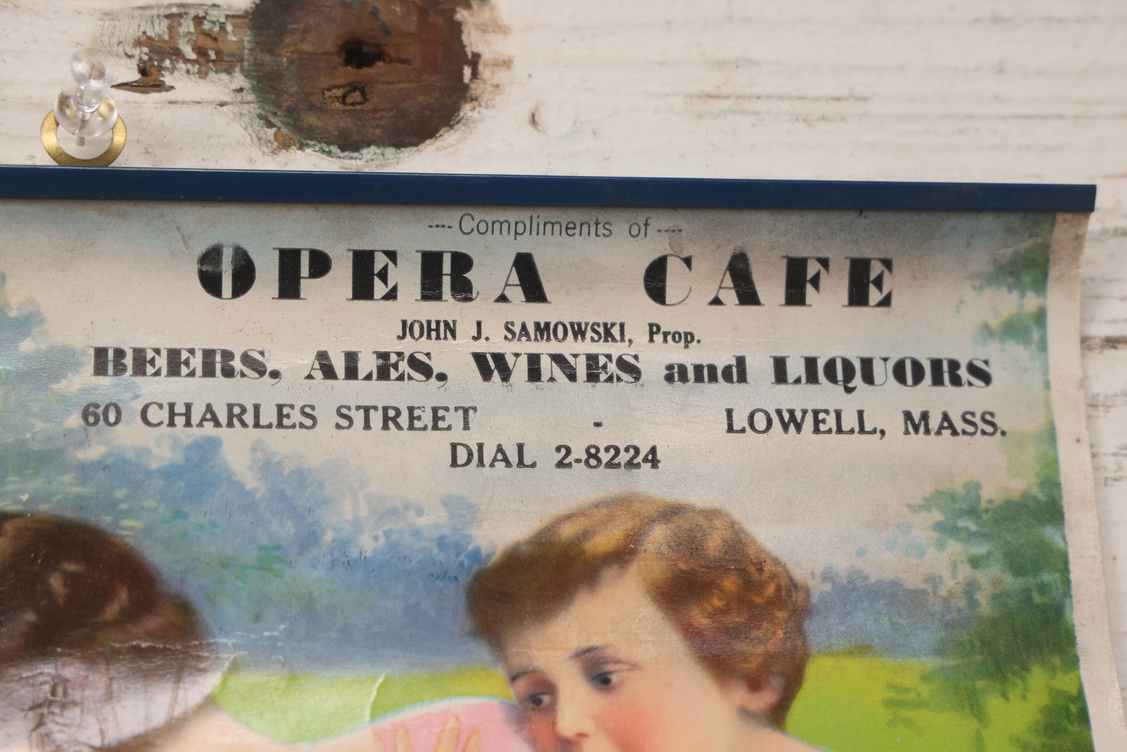 Lot 117 - Vintage Chromolithograph Advertising Poster, Compliments Of Opera Cafe, John J. Samowski, Proprietor, Beers, Ales, Wines, And Liquors, Lowell, Massachusetts, With Scene Of Mother And Three Children, Rolled Up