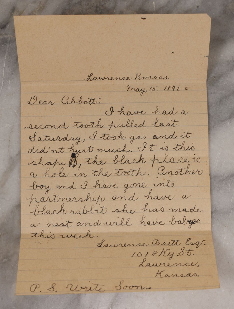Lot 118 - Grouping Of Three Antique Handwritten Letters By Lawrence Brett, Circa 1896, Lawrence, Kansas, To Friends Abbott And Mr. Pierson, Rsvp And Update About Tooth Pulling, Pet Rabbit Business With Local Boy