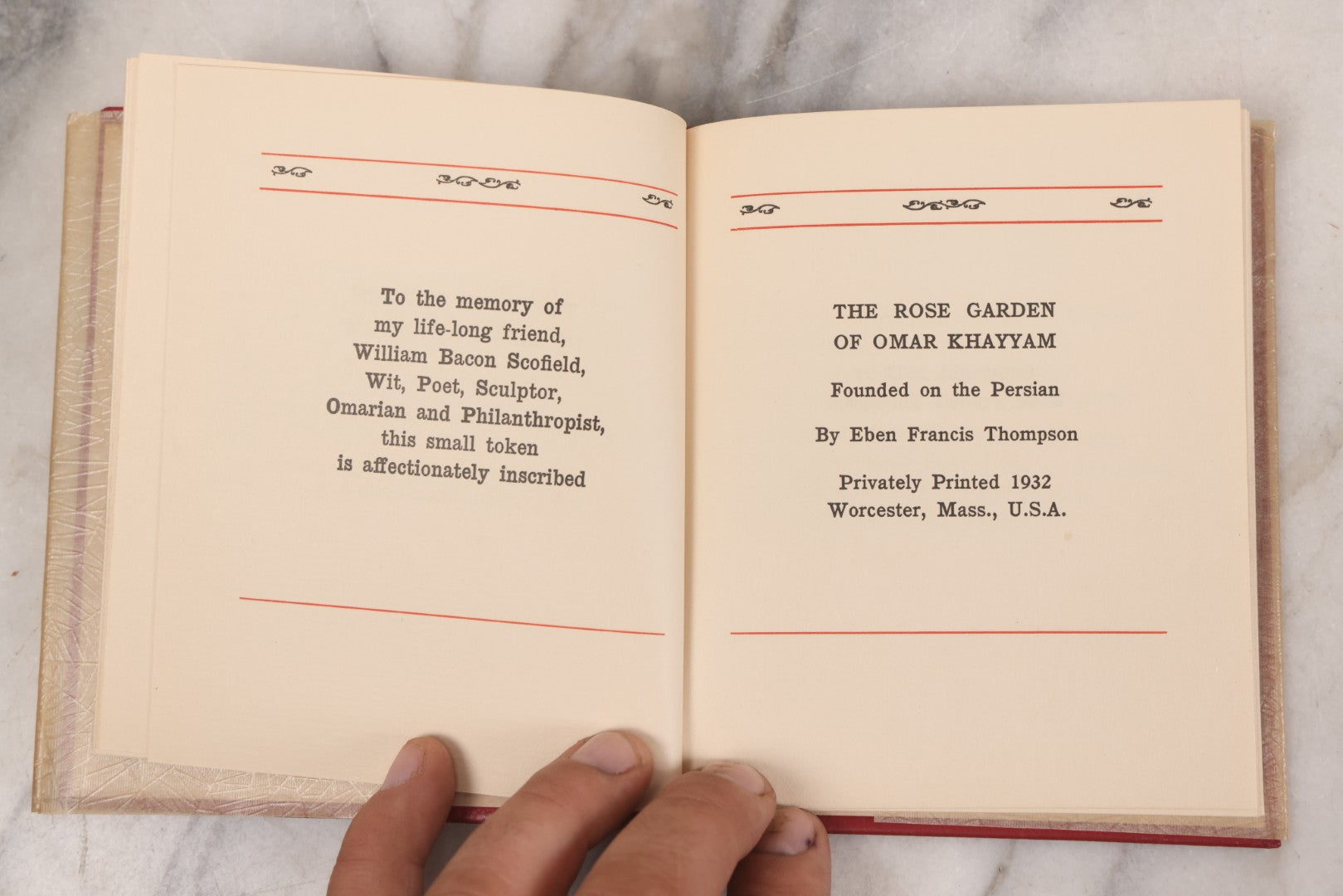 Lot 134 - "The Rose Garden Of Omar Khayyam" Vintage Book Founded On (Translated From) The Persian By Eben Francis Thompson, With Spider Web Paper Dust Jacket, Privately Printed, Worcester, Massachusetts, 1932