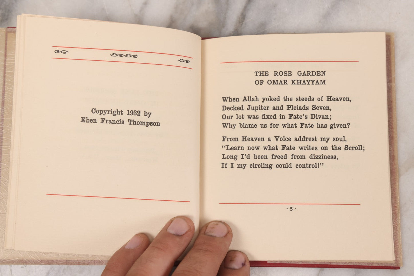 Lot 134 - "The Rose Garden Of Omar Khayyam" Vintage Book Founded On (Translated From) The Persian By Eben Francis Thompson, With Spider Web Paper Dust Jacket, Privately Printed, Worcester, Massachusetts, 1932