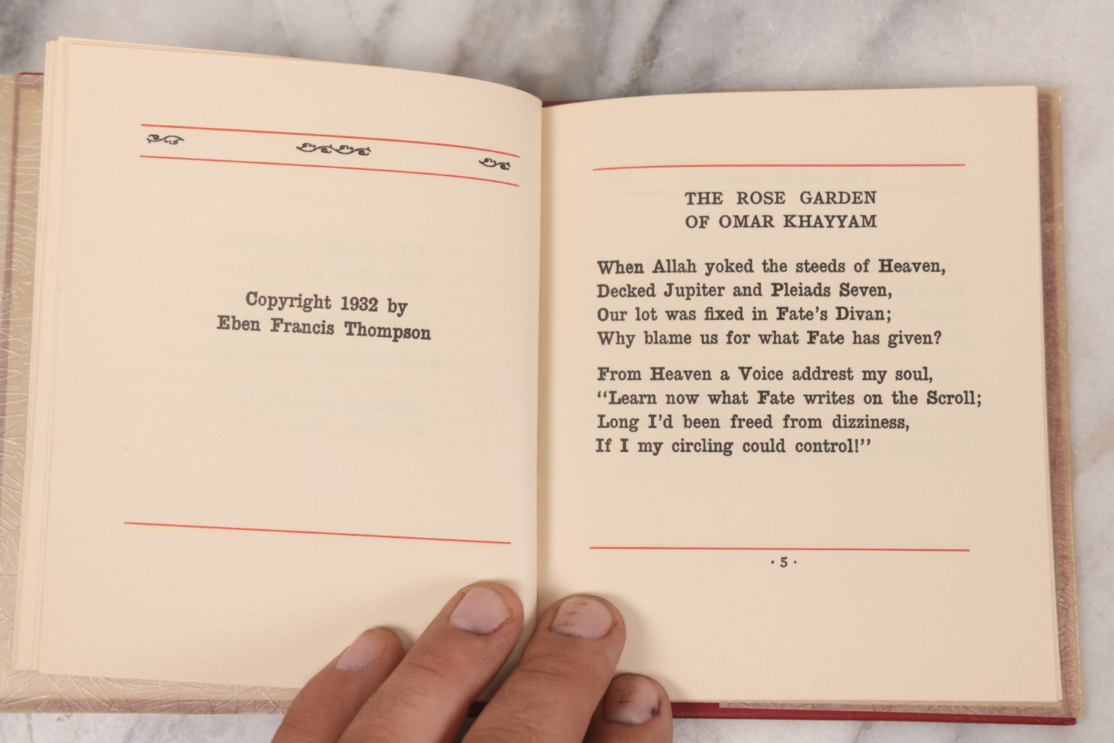 Lot 134 - "The Rose Garden Of Omar Khayyam" Vintage Book Founded On (Translated From) The Persian By Eben Francis Thompson, With Spider Web Paper Dust Jacket, Privately Printed, Worcester, Massachusetts, 1932