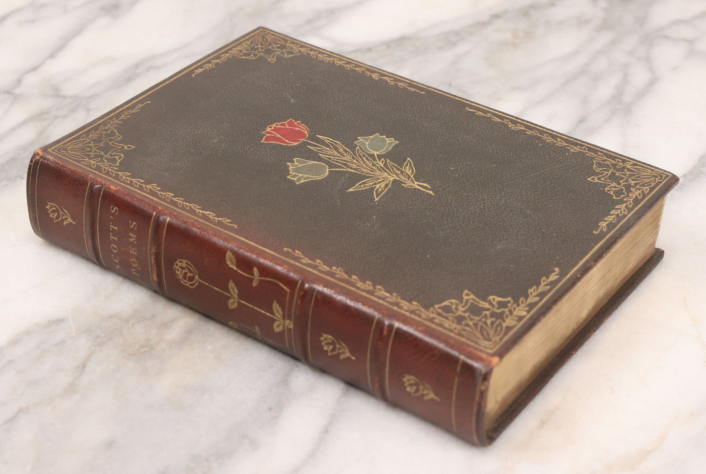 Lot 135 - "The Complete Poetical Works Of Sir Walter Scott" Antique Illustrated Book, Fine Binding, Painted Leather Cover With Gold Text And Details, Gold Fore-Edge, Christmas 1909 Inscription, Published By Thomas Y. Crowell & Co., New York, 1894