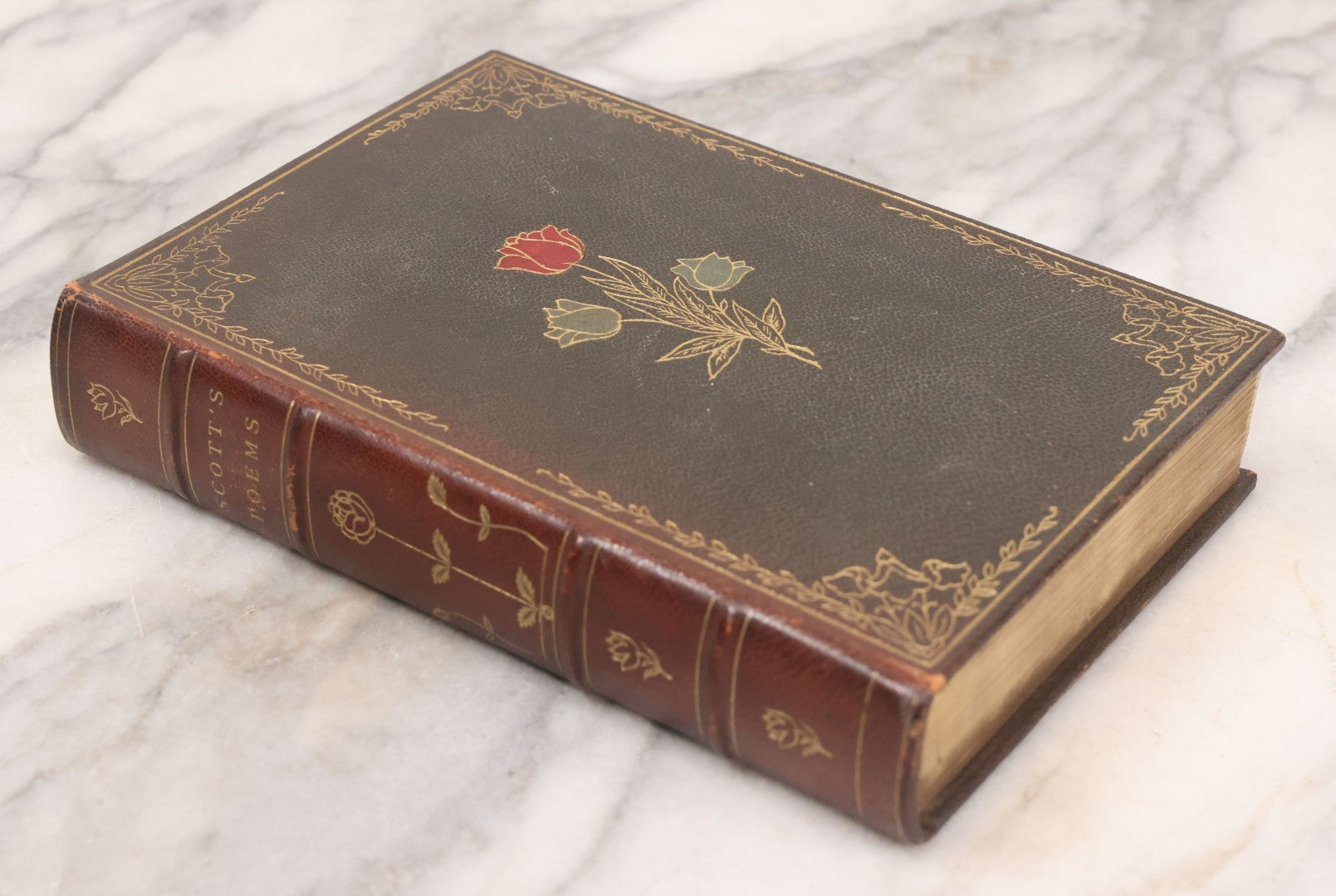 Lot 135 - "The Complete Poetical Works Of Sir Walter Scott" Antique Illustrated Book, Fine Binding, Painted Leather Cover With Gold Text And Details, Gold Fore-Edge, Christmas 1909 Inscription, Published By Thomas Y. Crowell & Co., New York, 1894