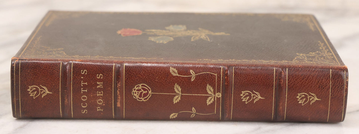 Lot 135 - "The Complete Poetical Works Of Sir Walter Scott" Antique Illustrated Book, Fine Binding, Painted Leather Cover With Gold Text And Details, Gold Fore-Edge, Christmas 1909 Inscription, Published By Thomas Y. Crowell & Co., New York, 1894
