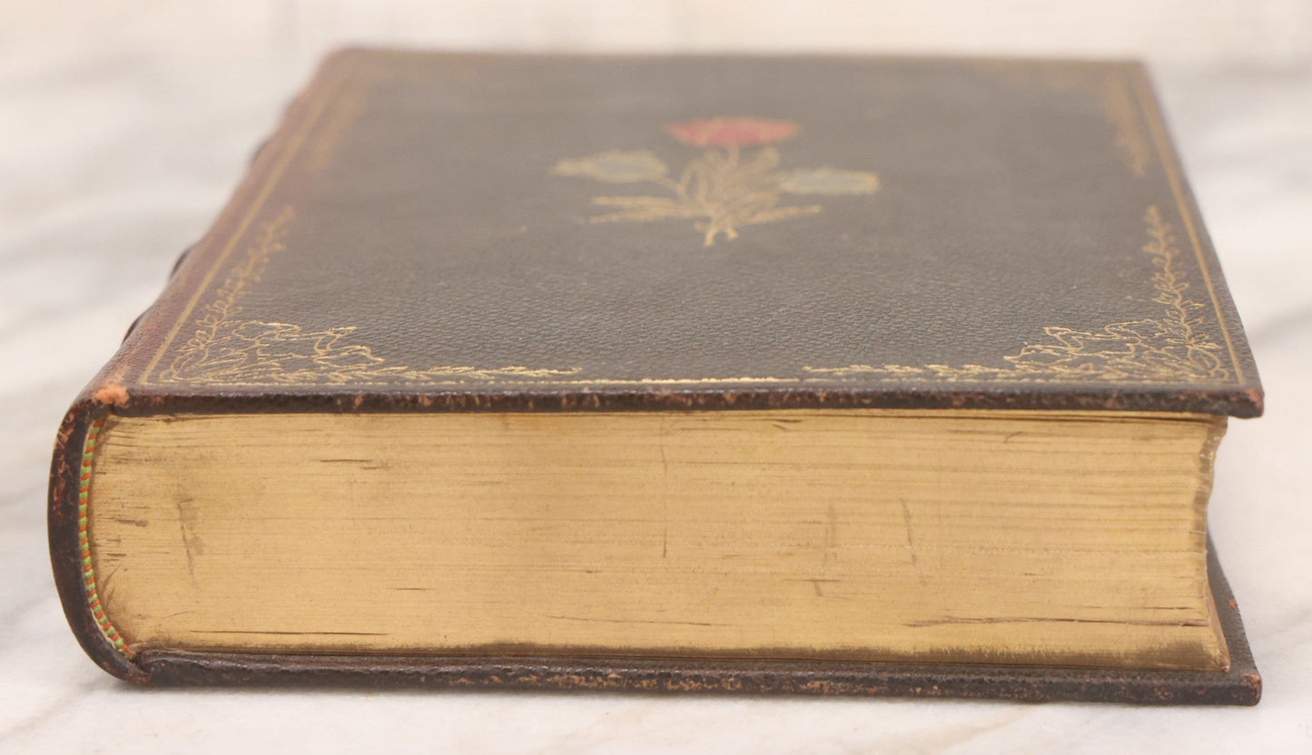 Lot 135 - "The Complete Poetical Works Of Sir Walter Scott" Antique Illustrated Book, Fine Binding, Painted Leather Cover With Gold Text And Details, Gold Fore-Edge, Christmas 1909 Inscription, Published By Thomas Y. Crowell & Co., New York, 1894