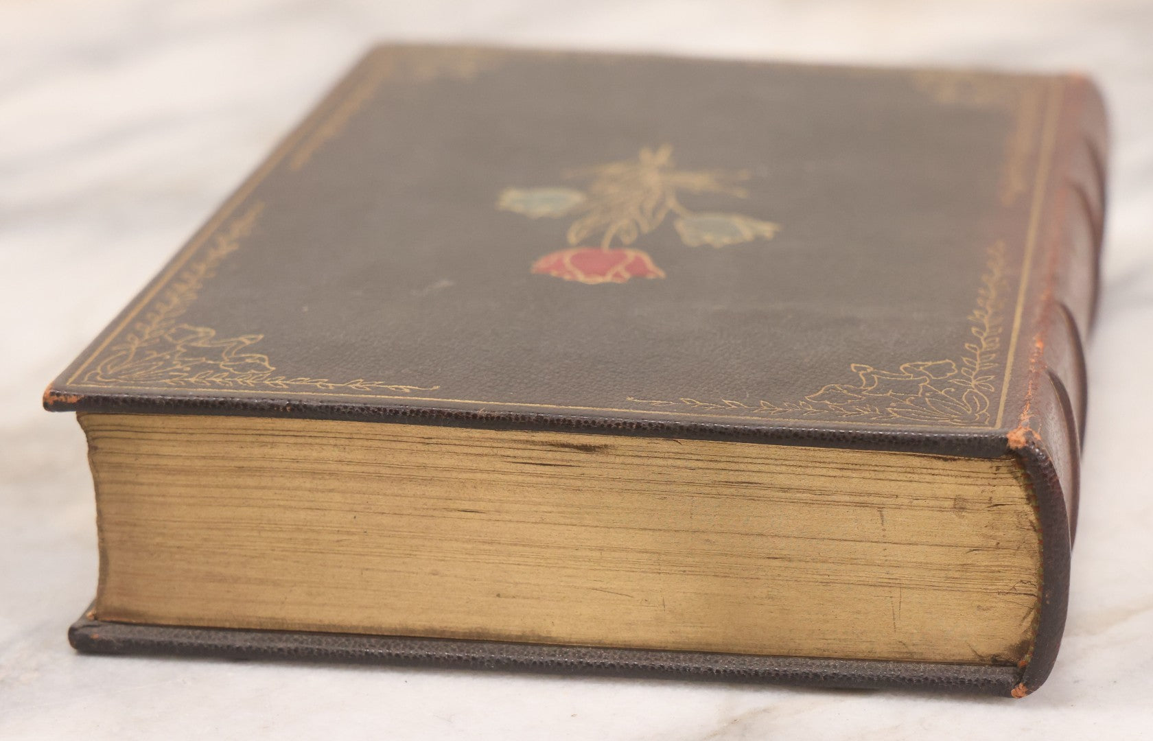 Lot 135 - "The Complete Poetical Works Of Sir Walter Scott" Antique Illustrated Book, Fine Binding, Painted Leather Cover With Gold Text And Details, Gold Fore-Edge, Christmas 1909 Inscription, Published By Thomas Y. Crowell & Co., New York, 1894