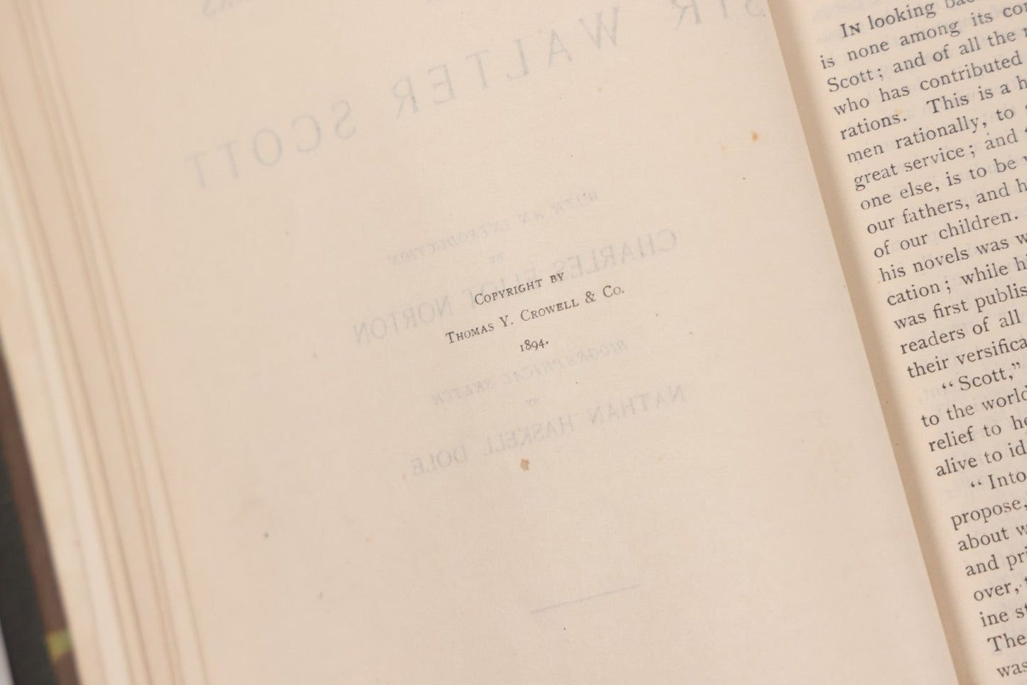 Lot 135 - "The Complete Poetical Works Of Sir Walter Scott" Antique Illustrated Book, Fine Binding, Painted Leather Cover With Gold Text And Details, Gold Fore-Edge, Christmas 1909 Inscription, Published By Thomas Y. Crowell & Co., New York, 1894