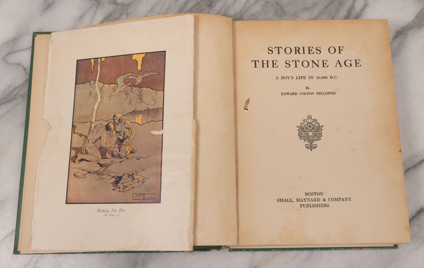 Lot 139 - "Stories Of The Stone Age; A Boy's Life In 16,000 B.C." Antique Illustrated Book By Edward Colton Fellowes, Published By Small, Maynard & Company, Cambridge, Mass, 1925