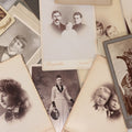 Lot 158 - Grouping Of Fifteen Antique Cabinet Card Photographs Of Men, Women, And Children, Including Woman Holding Hat With Umbrella, Parents With Child, Girl With Locket, And More