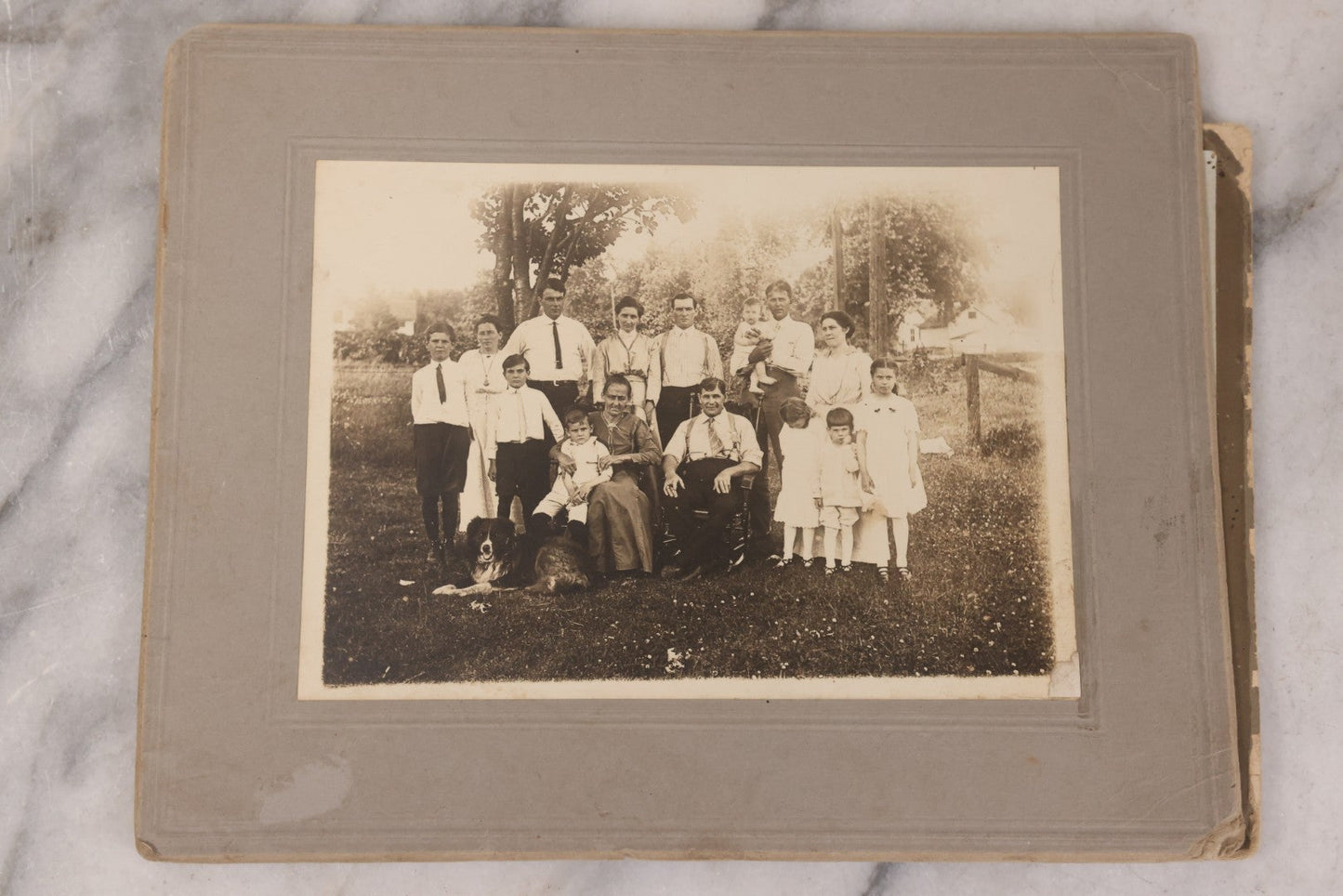 Lot 159 - Grouping Of 12 Antique Boarded And Cabinet Card Photographs, Including Wedding Portraits, Family With Dog, Interior Family Portrait, Other Portraits And Photos