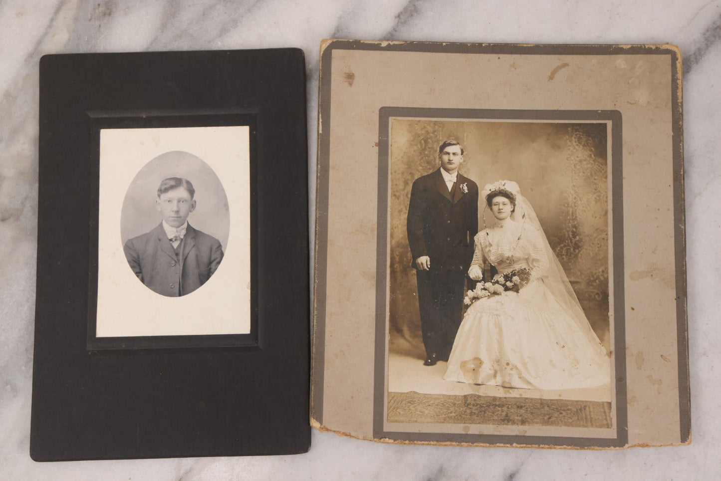 Lot 159 - Grouping Of 12 Antique Boarded And Cabinet Card Photographs, Including Wedding Portraits, Family With Dog, Interior Family Portrait, Other Portraits And Photos