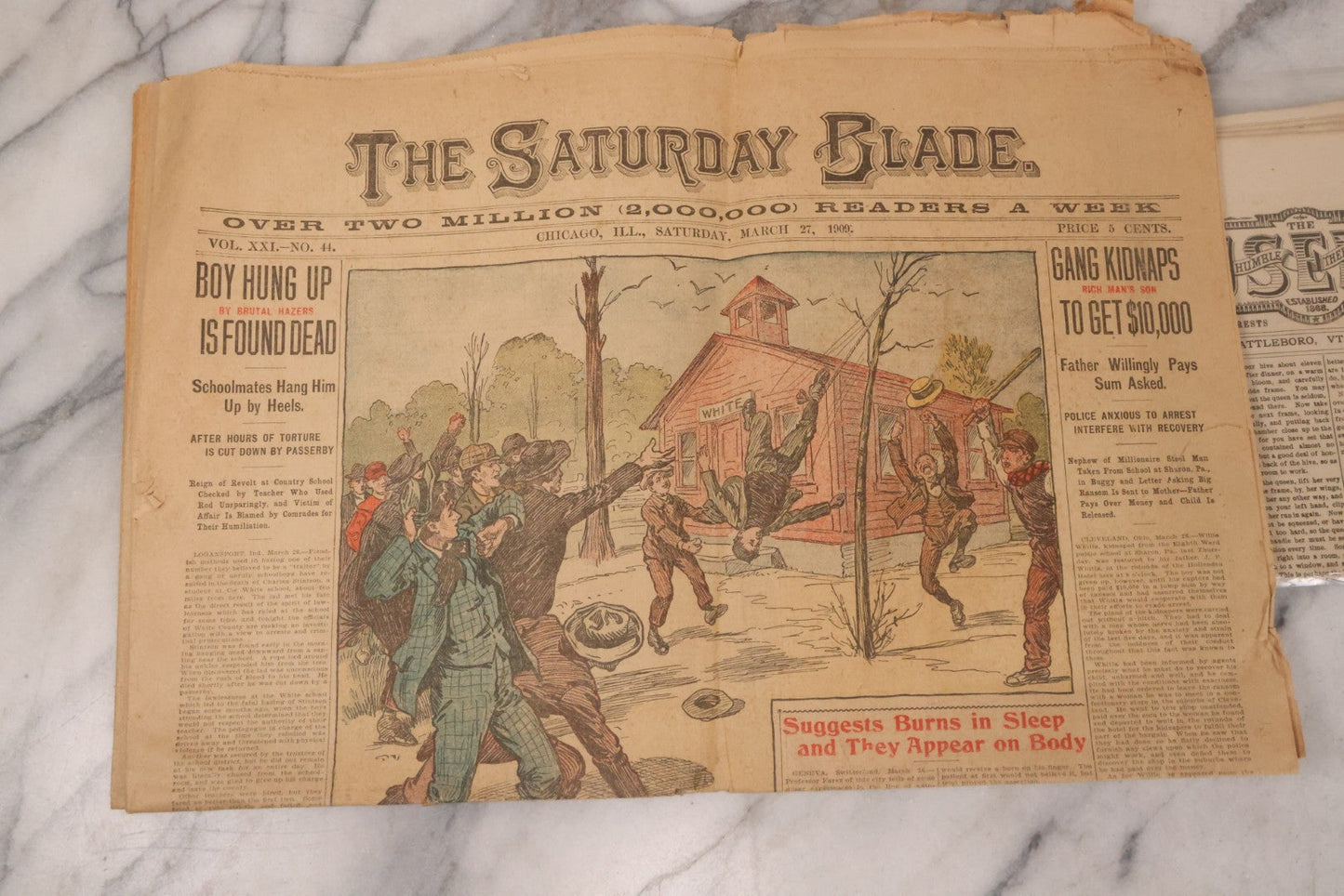 Lot 174 - Grouping Of Three Antique Newspapers, Including Matching Pair Of The Saturday Blade, Chicago Il, March 27, 1909, And The Household Domestic Journal, Brattleboro V.T. May 1890 
