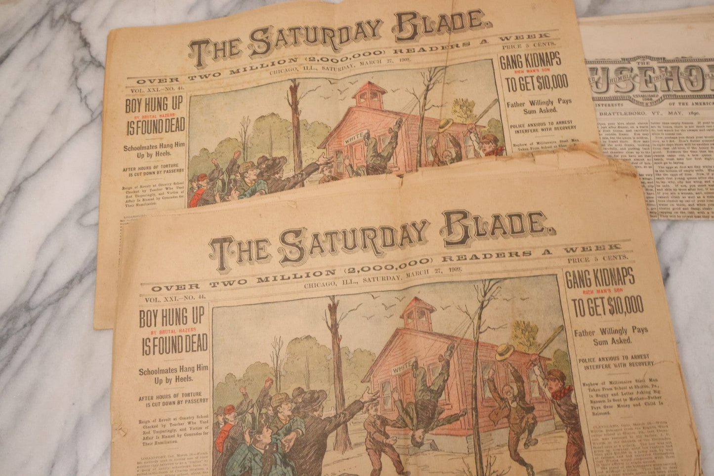 Lot 174 - Grouping Of Three Antique Newspapers, Including Matching Pair Of The Saturday Blade, Chicago Il, March 27, 1909, And The Household Domestic Journal, Brattleboro V.T. May 1890 