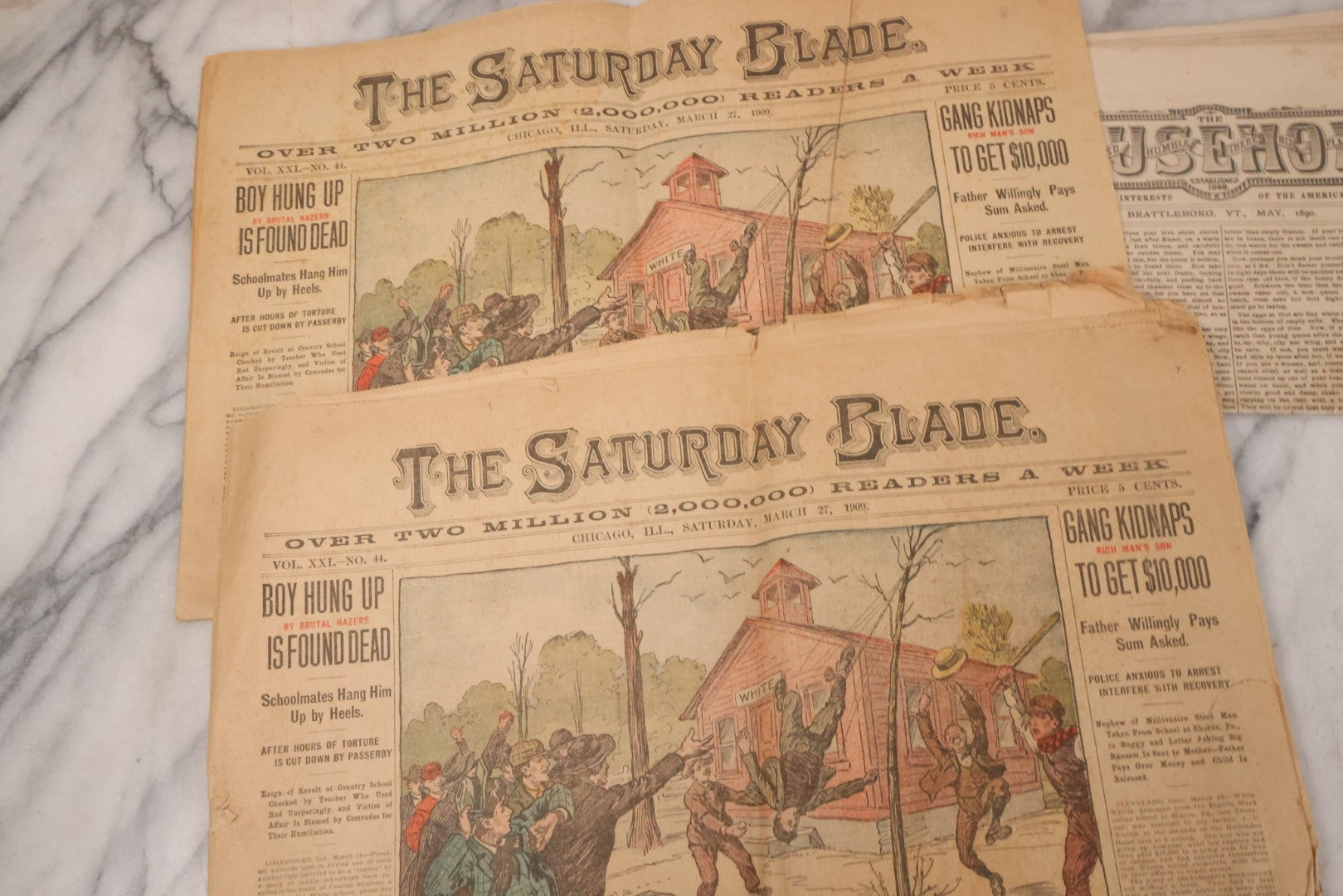 Lot 174 - Grouping Of Three Antique Newspapers, Including Matching Pair Of The Saturday Blade, Chicago Il, March 27, 1909, And The Household Domestic Journal, Brattleboro V.T. May 1890 