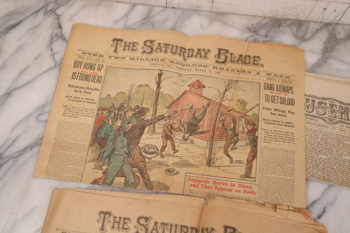Lot 174 - Grouping Of Three Antique Newspapers, Including Matching Pair Of The Saturday Blade, Chicago Il, March 27, 1909, And The Household Domestic Journal, Brattleboro V.T. May 1890 