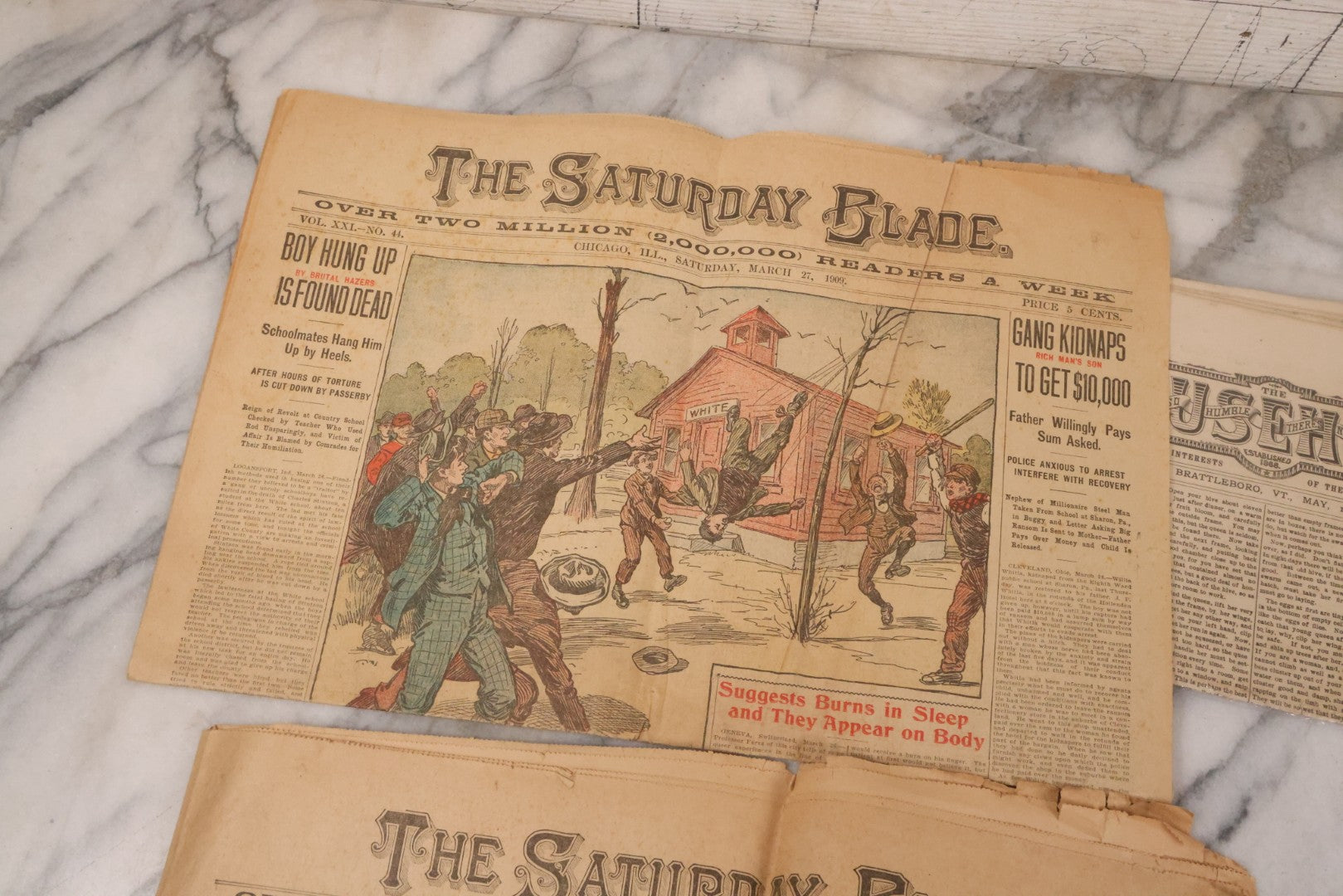 Lot 174 - Grouping Of Three Antique Newspapers, Including Matching Pair Of The Saturday Blade, Chicago Il, March 27, 1909, And The Household Domestic Journal, Brattleboro V.T. May 1890 