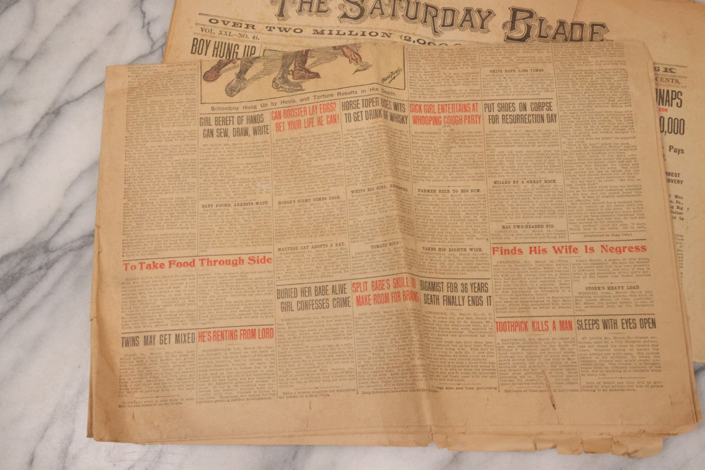 Lot 174 - Grouping Of Three Antique Newspapers, Including Matching Pair Of The Saturday Blade, Chicago Il, March 27, 1909, And The Household Domestic Journal, Brattleboro V.T. May 1890 