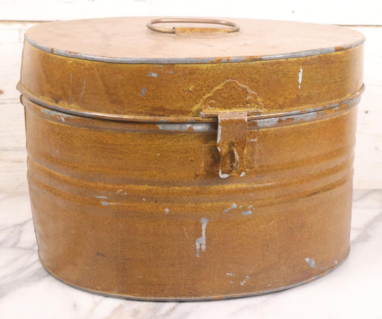 Lot 049 - Antique Beaverskin Stove Pipe Top Hat Manufactured By Alfred Matthews, St. Louis, Missouri, With Dark Mustard Painted Tin Hat Box With Blue-Green Interior