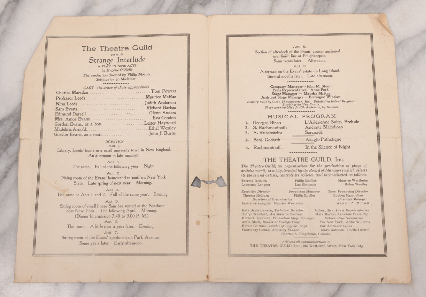 Lot 085 - Vintage Theater Guild Program For "Strange Interlude" By Eugene O'Neill, Controversial Play Banned In Boston And Staged At Quincy Theater, Quincy, Massachusetts