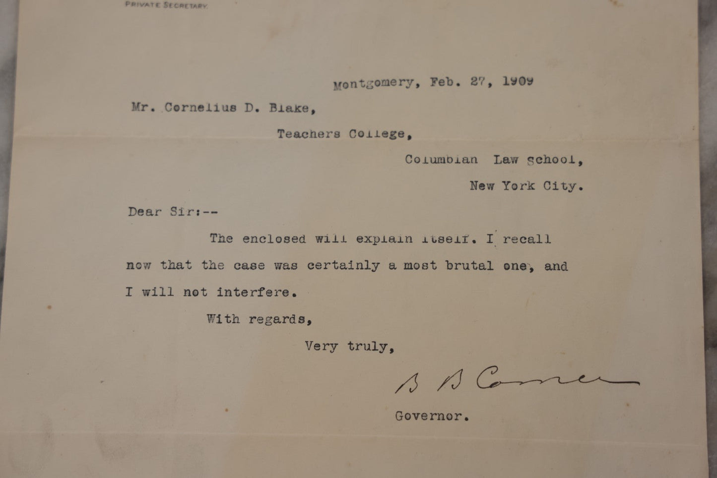 Lot 001 - Pair Of Antique Letters Regarding Planned Execution By Hanging Of Henry Davis For Assault In 1909, Including Letter From Court Clerk Forwarded With Note Signed By Alabama Governor B. B. Comer To Cornelius Blake, Columbia Teachers College, NYC