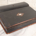 Lot 004 - Antique Lift Top Writing Lap Desk With Decorative Mother Of Pearl Inlay On Lid,  Purple Felt, Interior Compartments, With Original Key And One Glass Inkwell Insert
