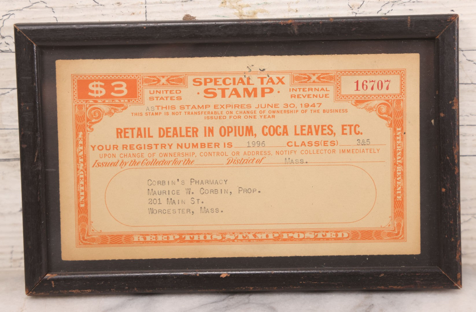 Lot 048 - Vintage Framed U.S. Internal Revenue Special Tax Stamp For R ...