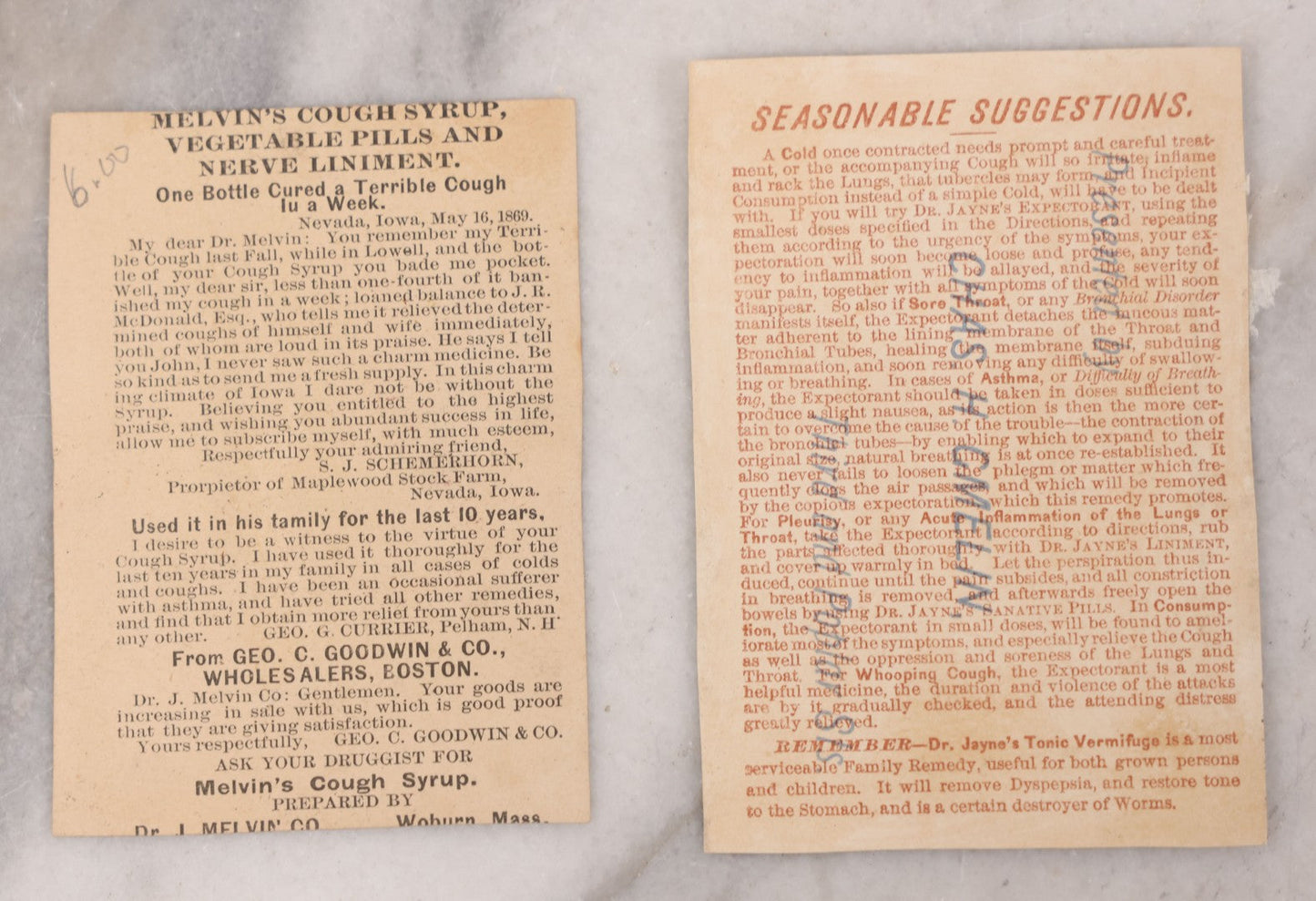 Lot 049 - Grouping Of Ten Antique Apothecary And Pharmacy Ephemera Items Including Carter's Iron Pills, Hood's Vegetable Pills, And Melvin's Cough Syrup And Other Trade Cards, With Four Unused Paper Labels