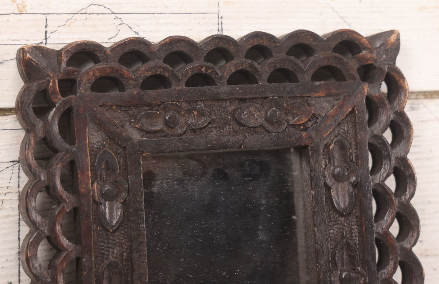 Lot 087 - Vintage Hand Carved Wood Folk Art Frame With Scalloped Cut Out Design, Floral Embellishments, With Mirror, 8" x 10-1/8"