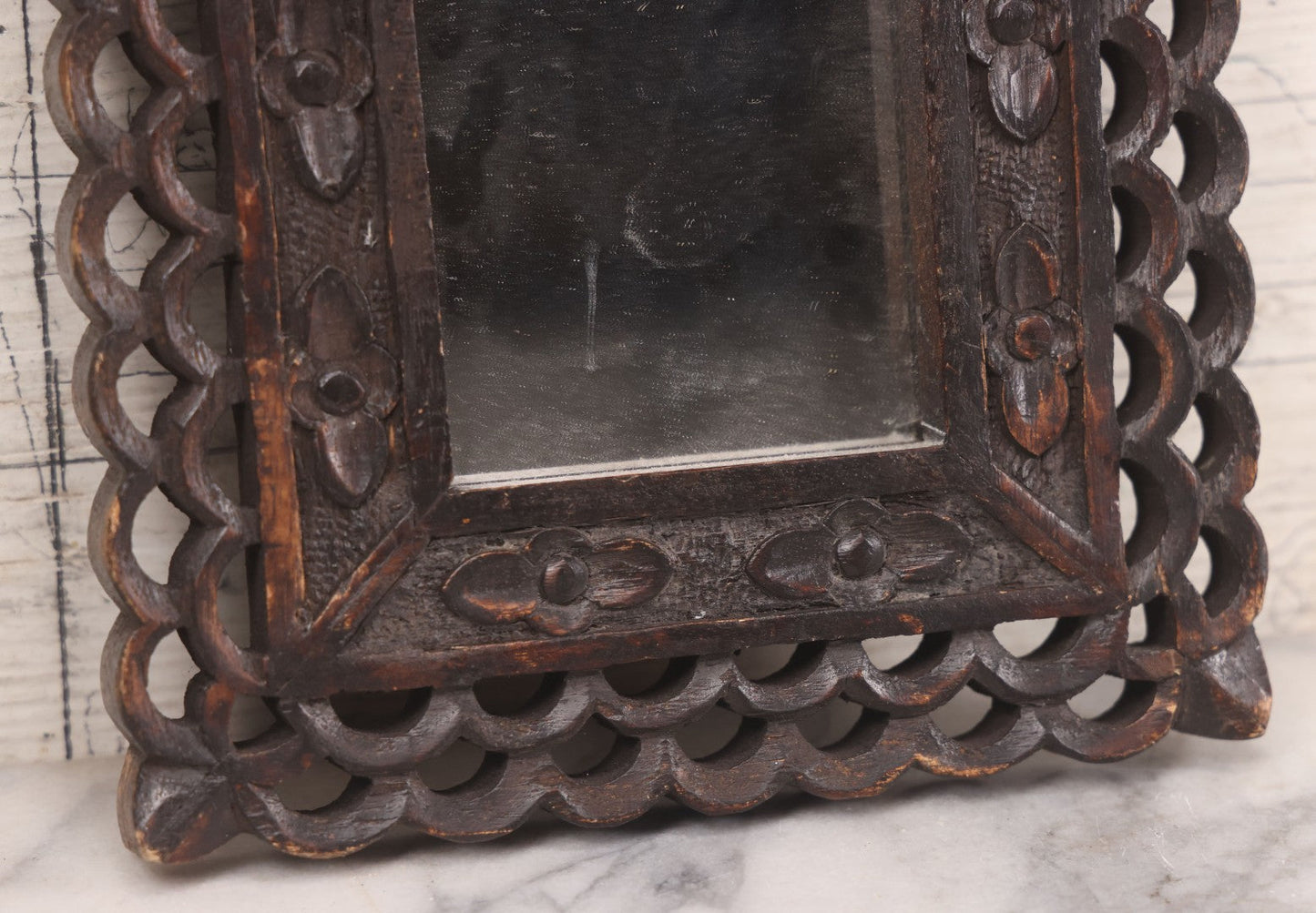 Lot 087 - Vintage Hand Carved Wood Folk Art Frame With Scalloped Cut Out Design, Floral Embellishments, With Mirror, 8" x 10-1/8"
