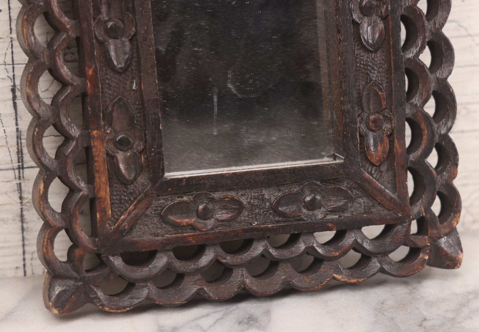 Lot 087 - Vintage Hand Carved Wood Folk Art Frame With Scalloped Cut Out Design, Floral Embellishments, With Mirror, 8" x 10-1/8"