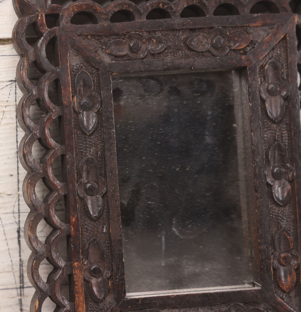 Lot 087 - Vintage Hand Carved Wood Folk Art Frame With Scalloped Cut Out Design, Floral Embellishments, With Mirror, 8" x 10-1/8"